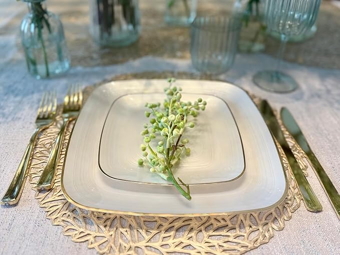 " OCCASIONS " 240 Pieces Pack,(120 Guests) Premium Wedding Party Disposable Plastic Plates Set -120 x 10'' Dinner + 120 x 7'' Salad/Dessert (Belize Square in Ivory & Gold)