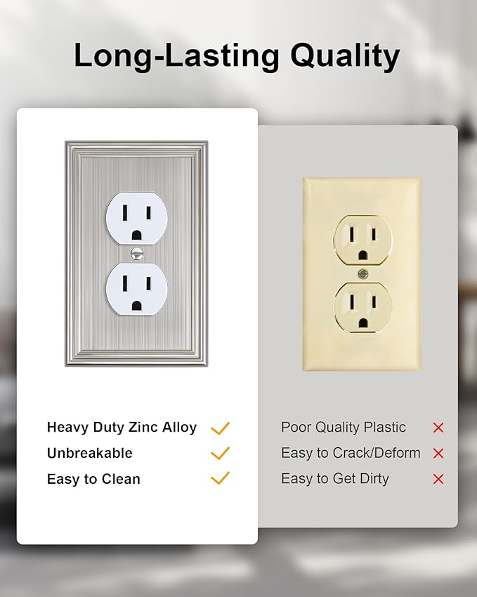2-Pack Single Duplex Outlet Cover Plate, Decorative Brushed Nickel Switch Plates and Outlet Covers, Metal Wall Plates for Electrical Outlets, 1 Gang Receptacle Cover, Corrosion Resistant