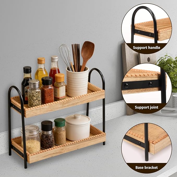 Wood 2 Tier Countertop Organiser, Bathroom Kitchen Counter Shelf Rack Caddy Tray, Small Wood Organization Shelves, Perfume Makeup Counter, Countertop Skincare Display Shelf for Sink Coffee Bar