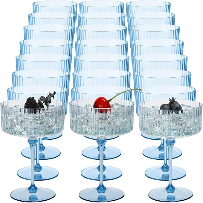 24 Pcs Ribbed Martini Glasses 10 oz Disposable Plastic Vintage Ribbed Coupe Glasses Unbreakable Dessert Parfait Glassware for Wedding Birthday Party Supplies (Blue)