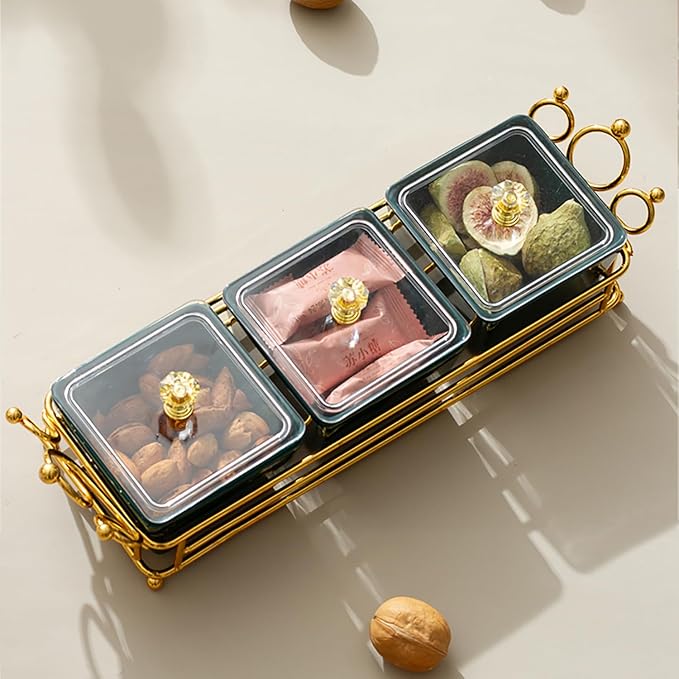 YA JU Ceramic Bowls and with Lid Gold Basket Trays, 3 Removable Small Bowls Condiment Trays Nut Serving Set for Snacks, Fruits, Candy and Condiments - Great for Parties, Green