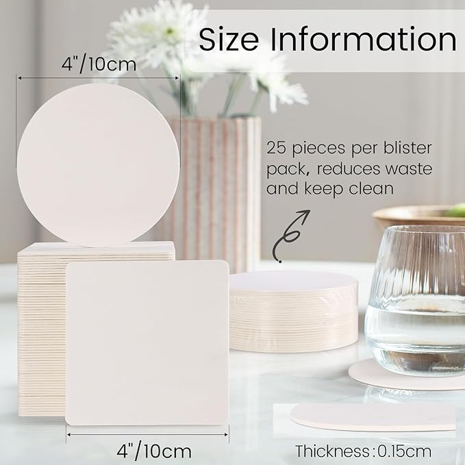 200 Pieces Disposable Paper Coasters, GOH DODD Thickened (1.5MM) 4 Inch Bar Coasters Bulk Absorbent Cardboard Doilies for Sublimation Drinks DIY Arts Crafts Wedding Party Gifts, White, Square Round