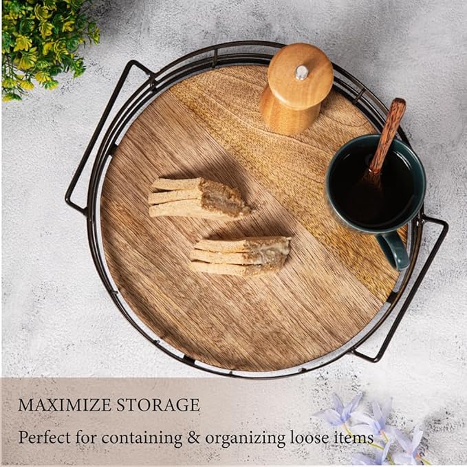 Lazy Susan Turntable Organizer with Handle, Cabinet Pantry Kitchen Countertop - Spinning Spice Rack - Large Round Serving Tray - Made Wood and Sturdy Iron Bars