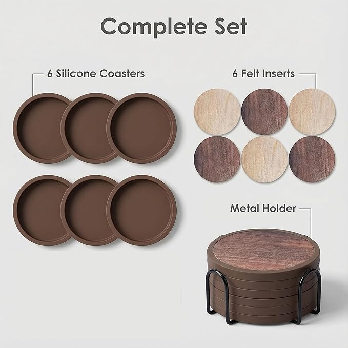 Absorbent Coasters for Drinks with Holder - 6packs, Silicone Coaster with Soft Felt Insert (4.3 inch Coasters with 4.5 inch Holder, Wooden Style)