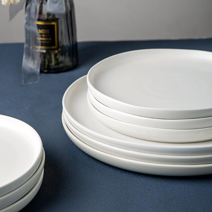 AmorArc Ceramic Dinnerware Sets, Wavy Rim Stoneware Plates and Bowls Sets,Dishwasher & Microwave & Oven Safe Dishes set, Service for 6 (18pc)-Matte White