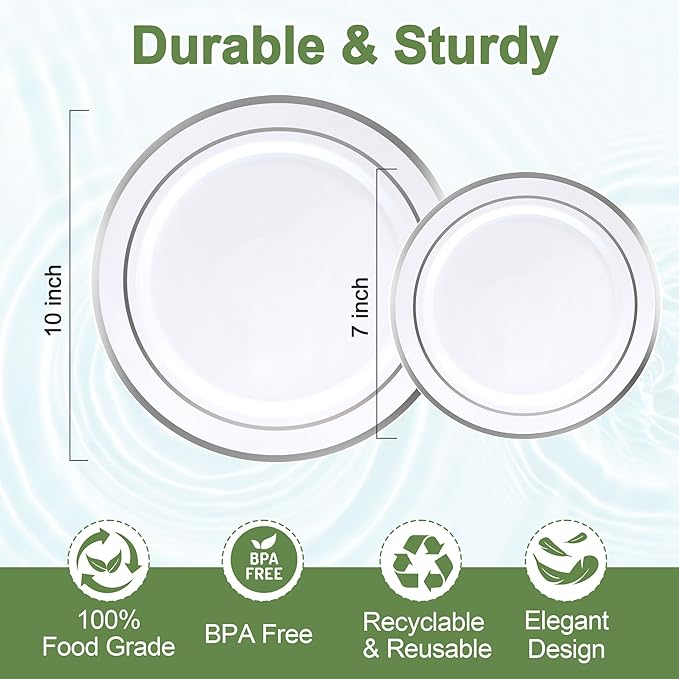 100 PCS Silver Plastic Plates, Silver Plastic Disposable Plates Include 50 Dinner Plate and 50 Dessert Plate Perfect for Holiday, Birthday, Wedding & Party