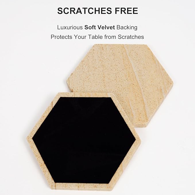 Hexagonal Sandstone Coaster Set of 6, Highly Absorbent Coasters for Drinks, Desert-Like Patterns Natural Sandstone Drink Coasters with Holder for Home Decor, Velvet Backed, Housewarming Gift