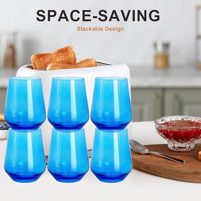 Blue Stemless Wine Glasses Set of 6, 15oz Drinking Glassware Dishwasher Safe, Wine Glass Tumblers for Red or White, Gift for Party, Holiday, Anniversary, Restaurant, Home Bar, Daily Use