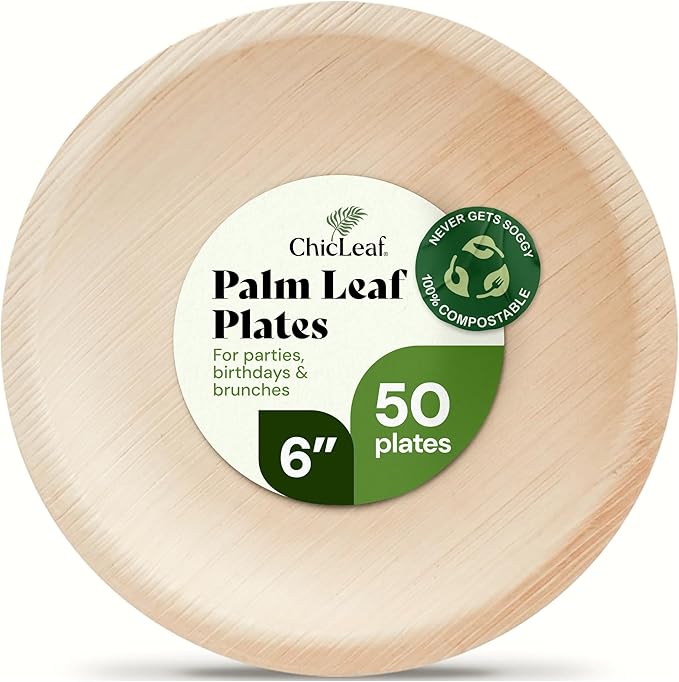 Chic Leaf Palm Leaf Plates - 6" Pack of 50 - Eco-Friendly Compostable Plate - Versatile Appetizer Dish Winter Cozy Dinner Family Meal, Romantic Date Night Essentials