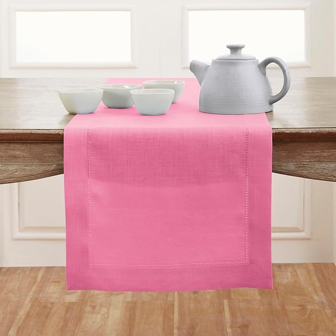 Solino Home Linen Flamingo Pink Table Runner 132 Inches Long - 100% Pure Linen Extra Long Table Runner 14 x 132 Inch for Valentines, Spring, Easter - Classic Hemstitch