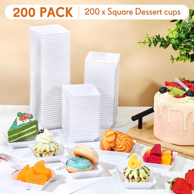 200 Pieces Mini Square Dessert Plates 2.5 x 2.5 Inch Disposable Appetizer Plates Small Clear Plastic Dish for Dessert Salad Appetizer Sauces Tastings Cake Wedding Party Serving (White)