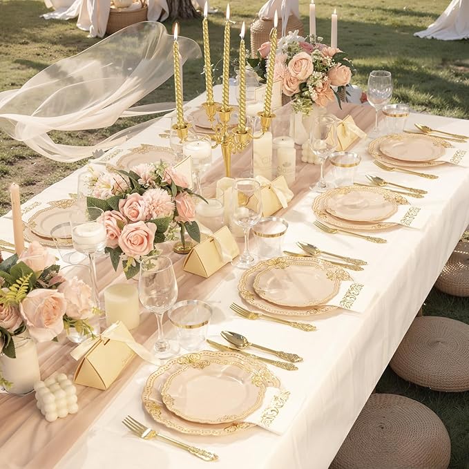 Ciaell 175 PCS Pink and Gold Plastic Plates - Fancy Gold Disposable Dinnerware Set with of 50 Plates, 25 Knives, 25 Forks, 25 Spoons, 25 Cups, 25 Napkins for Party & Weddings & Valentine's Day