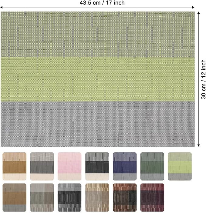 Placemats Set of 8, Vinyl Woven Place Mats Indoor Set of 8 Washable Wipeable PVC Table Mats Heat-Resistant Non Slip Placemat for Kitchen Dining Outdoor Table (Gray Grass Green, Set of 8)