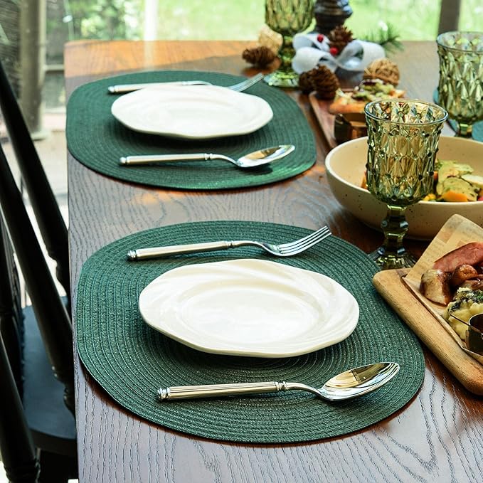 Noctiflorous Oval Braided Placemats Set of 8 Woven 12x18 Inch Non Slip Washable Heat Resistant Place Mats Round Tablemats for Dining Kitchen Party Daily Table Decor Dinner Mats (Solid Forest Green, 8)