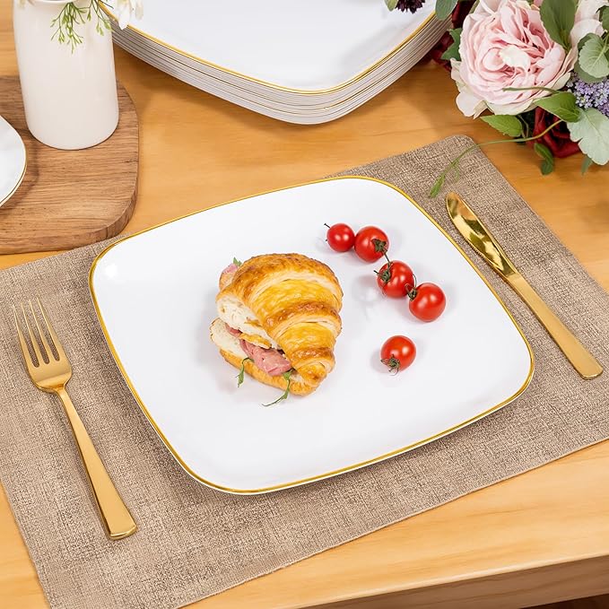 bUCLA 50PCS White and Gold Plastic Plates Disposable - Square Gold Heavy Duty - Include 25 Each (Dinner & Dessert) Plates for Party & Wedding