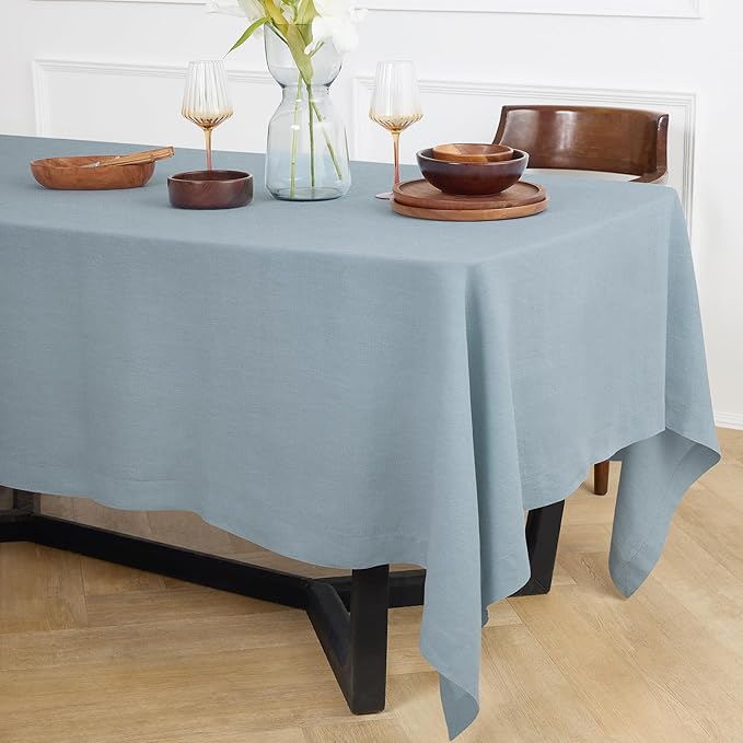 Solino Home Dusty Blue Linen Tablecloth 70 x 120 Inch - 100% Pure Linen Table Cloth for Rectangle Tables - Sonoma, Machine Washable Tablecloth for Winter, Spring, Easter