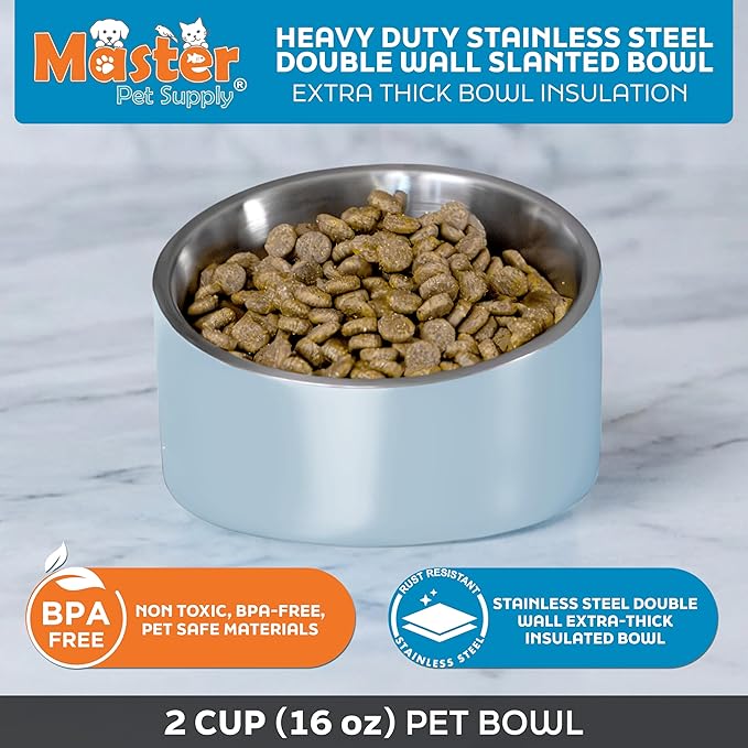 Master Pet Supply Stainless Steel Slanted Dog Cat Food Bowl - 16 oz Heavy Duty - Glacier Blue, Double Wall Insulated, Non-Slip Elevated Bowl for French Bulldogs Pugs Cats, Anti Rust Dishwasher Safe