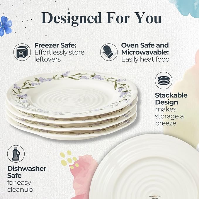 Portmeirion Sophie Conran Lavandula 8 Inch Salad Plates, Set of 4 - Rippled Porcelain Plates with Lavender Sprig Detail for Garden Brunches, Casual Entertaining & Seasonal Dining - Dishwasher Safe