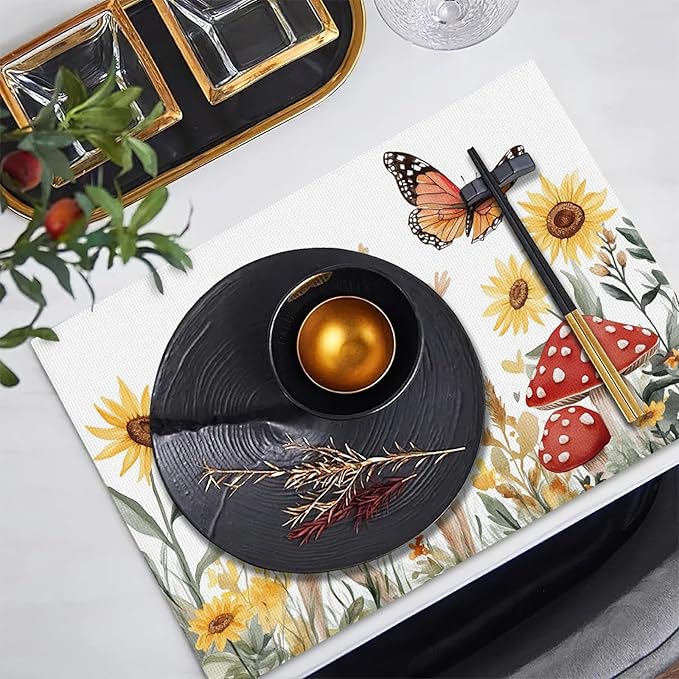 Cute Deer Placemats Set of 4, Sunflower Butterfly Place Mats, Sika Deer Waterproof Washable Table Mats for Home Party Indoor Kitchen Dining Table Decoration 12x18 Inch