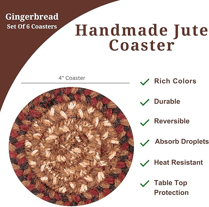 Homespice Gingerbread Jute Woven Rope Coasters 4", Warm Country Decor, Set of 6, Brown - Durable, Absorbs Moisture, Easy to Clean and Protects Furniture