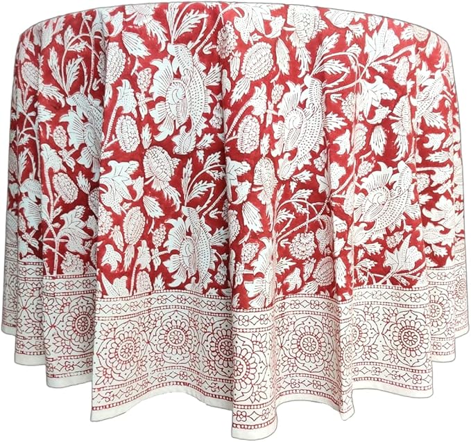 ATOSII Meraki Red 100% Cotton Round Tablecloth, Handblock Print Floral Table Cloth for Kitchen Dining Linen I Parties, Weddings, Outdoors I 90" Inches Round