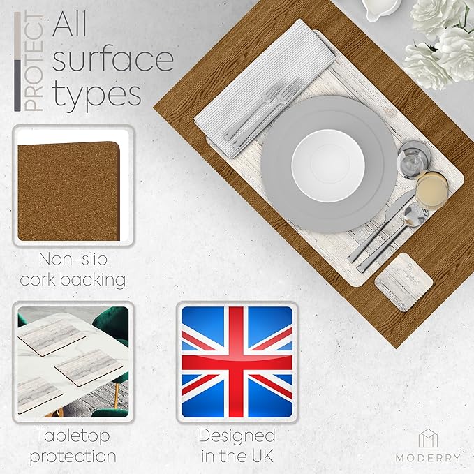 Set of 4 Heat Resistant Cork Placemats for Dining Table with Free Set of 4 Matching Drink Coasters Cork Wood Design Print 16 x 12 Inches Cork Backed Hard Placemats (White Driftwood)