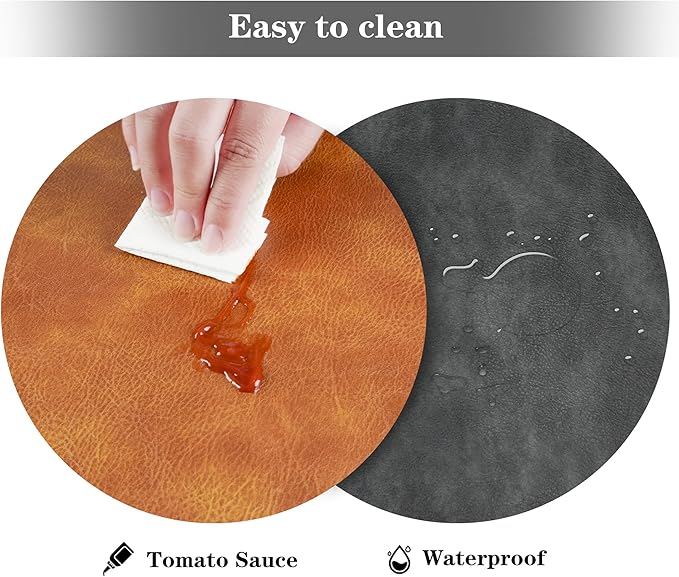 Round Placemats and Coasters Set of 4, Washable Reversible Faux Leather Placemats Cowhide Pattern Place Mats Wipeable Non-Slip 15 inch Round Kitchen Dining Table Mats (Gray Brown, 4)