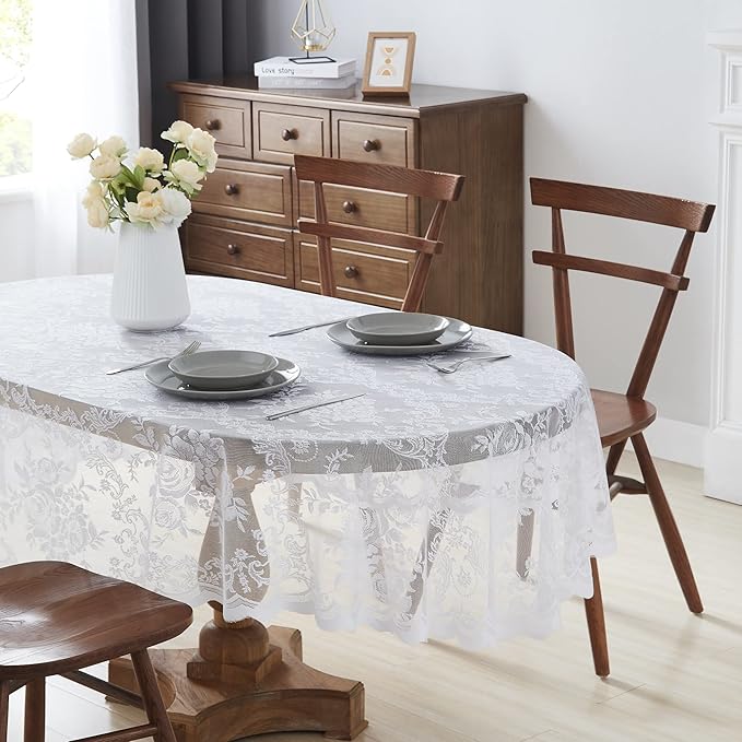 Warm Home Designs 60 x 84 Lace Tablecloth. White Oval Tablecloth with English Rose Design. Oval Table Cloth, Rustic Tablecloth or Dining Table Cover for 6-8 Guests. LTC White Oval 84"