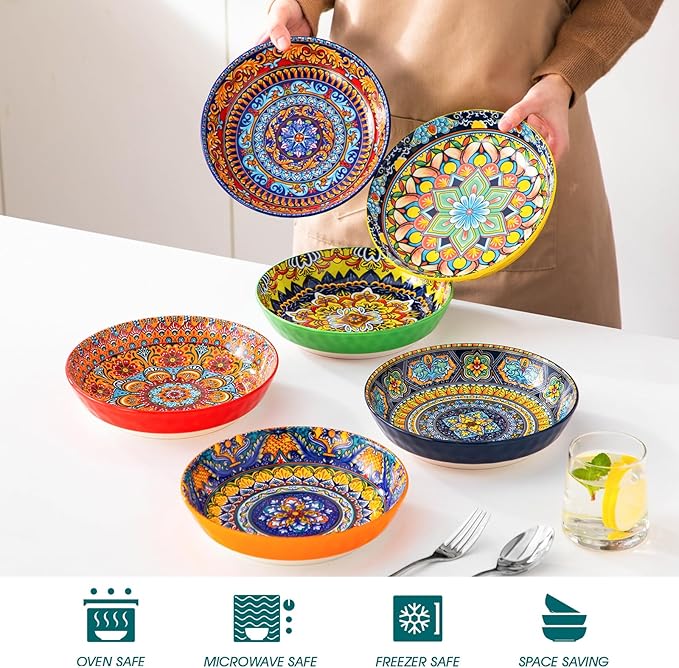vancasso 32 Oz Pasta Bowls, Porcelain Large Colorful Salad Soup Bowls Set of 6, Dishwasher & Microwave Safe, Pasta Serving Bowls Plates for Kitchen, Dishwasher & Microwave Safe, Series KRVI