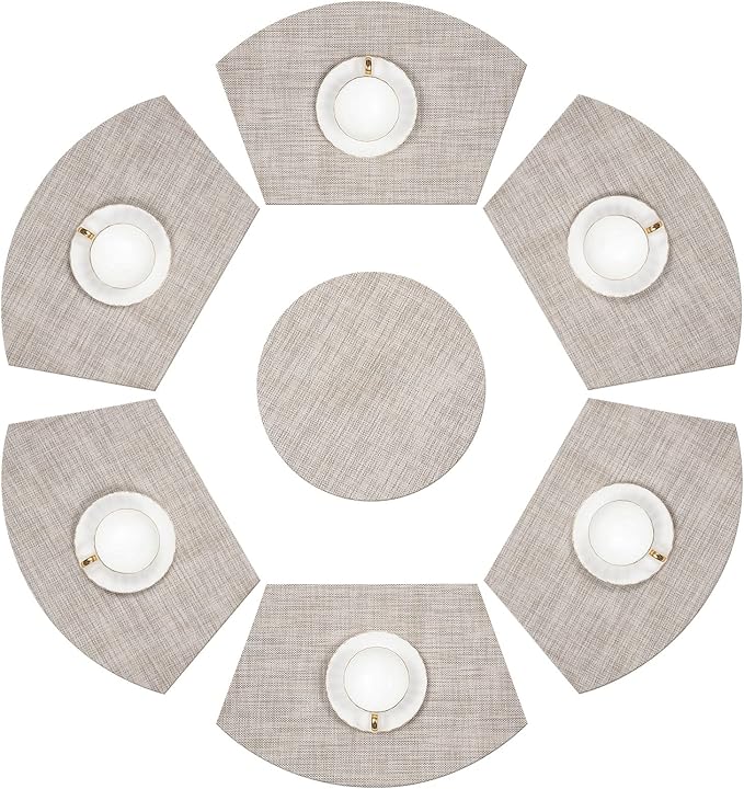 SHACOS Round Table Placemats Set of 7 Wedge Placemats with Centerpiece Round Mats Heat Resistant Washable (7, Beige White Black)