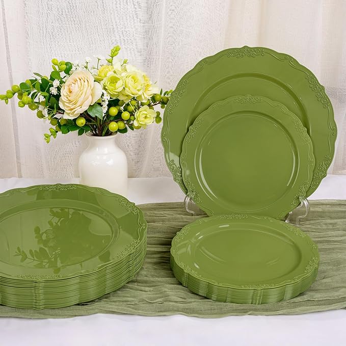U-QE 100PCS Olive Green Plastic Plates - Plastic Green Plates Disposable Heavy Duty - Olive Disposable Plates for Party Including 50PCS 10'' Dinner & 50PCS 7.5'' Dessert Plate