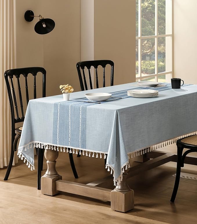 ZeeMart Contrast Linen Table Cloth Rectangle Table Cloths 52x70 Inch Blue, Farmhouse Style Heavy Weight Blue Tablecloth, Water Resistant Burlap Tablecloths
