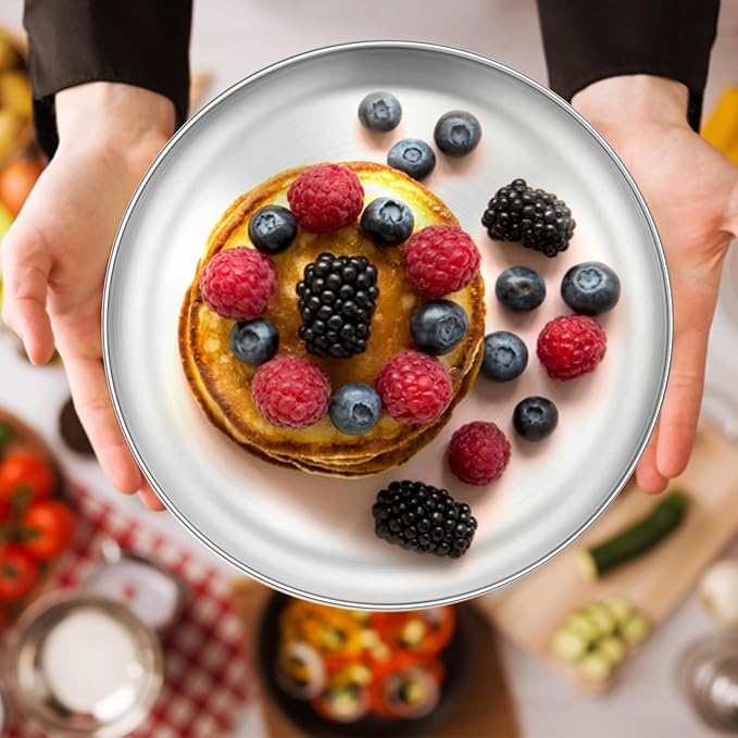 E-far 4-Piece Stainless Steel Plates, 9 Inch Metal Dinner Plates Dishes for Home, Picnic, Outdoor Camping, Healthy & Non-Toxic, Shatterproof & Dishwasher Safe