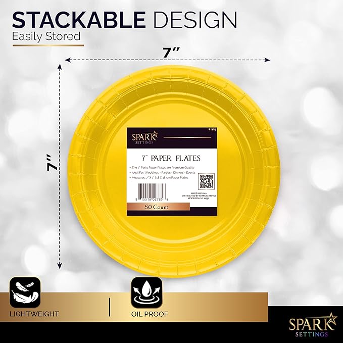 Disposable Paper Plates Yellow, 7 Inch Paper Dessert Plates, Strong and Sturdy Disposable Plate for Party, Dinner, Holiday, Picnic, or Travel Party Plate, Pack of 50
