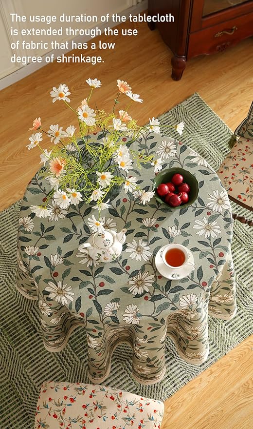 ISAENNE Designer Green Linen Small Round Tablecloth,Floral French Country Indoor Table Cloth,Stain Resistant Home Decor Tablecloths for Dining Kitchen Thanksgiving Party,Diameter 55"-Brune