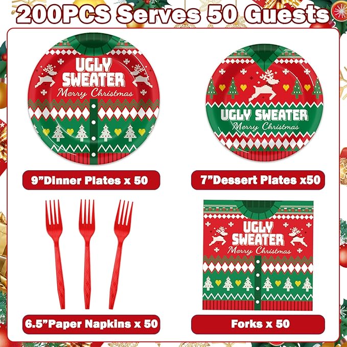 200 Pcs Christmas Ugly Sweater Party Supplies Paper Plates Napkins Xmas Tacky Sweater Tableware Party Decorations Favors for Xmas Birthday Winter Holiday Serves 50