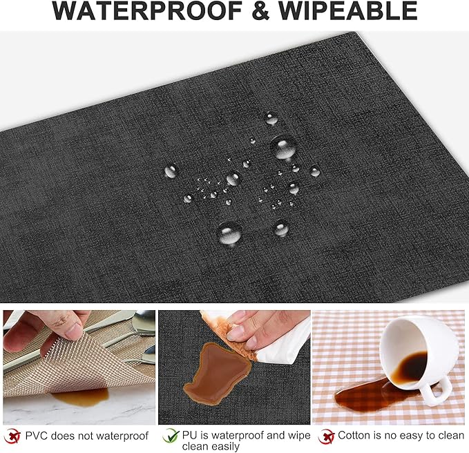 Leather Heat Resistant Placemats Set of 6 Waterproof Wipeable Washable PU Table Mats,Easy to Clean Anti-Slip Place Mats (Dark Grey, 6)