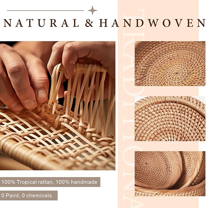 8" Round Small Wicker Basket, Artisanal Key Bowl for Entryway Table, Decorative Bowl for Kitchen Counter, Bedside, Living Room, Natural Woven Fruit Bowl, Purse Bowl, Rattan Bread Basket