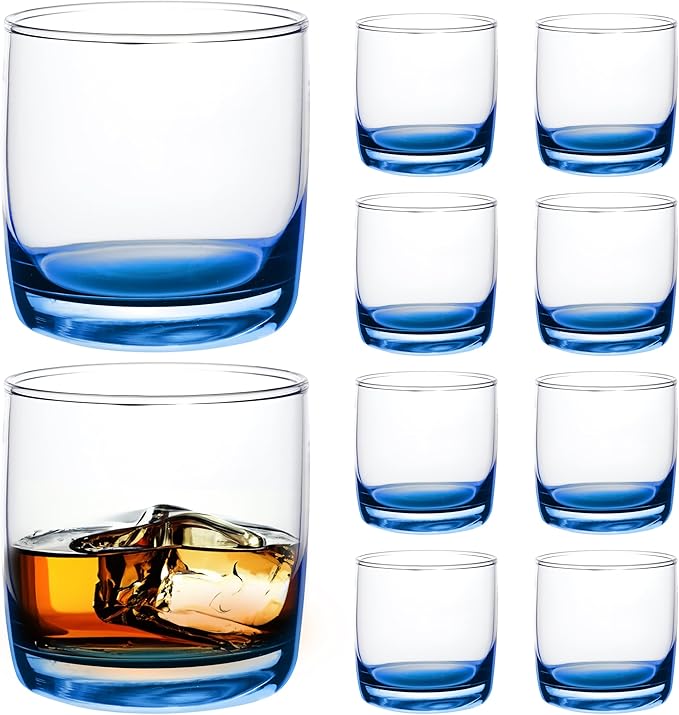 DISCOUNT PROMOS Whiskey Glasses 10 oz Set of 10, Bulk Pack - Heavy Base Old Fashioned Glass, Perfect for Scotch, Bourbon, Whiskey, Cocktail - Blue Bottom Color