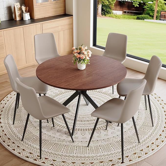 Round Dining Table Set for 6｜42"-54" Extendable Dining Room Table Set｜Wooden Kitchen Table with 6 Chairs｜Mid Century Modern Dinner Table Set with Cross Legs｜Easy Assembly｜Space Saving