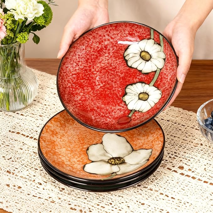 Ceramic Salad Plates Set of 4, 8.2 Inch Underglaze Painting Dessert Plates, Appetizer Plates-Microwave, Oven and Dishwasher Safe, Scratch Resistant