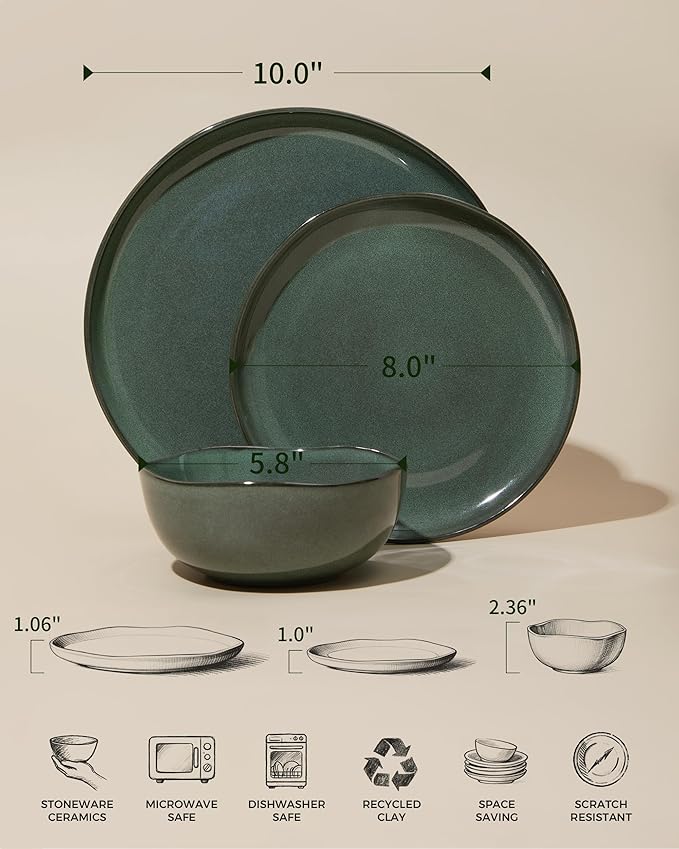 Plates and Bowls Sets for Family of 6, Ceramic Dinnerware Sets, Kitchen Dish Set, Microwave & Dishwasher Safe Dishware, Highly Durable Reactive Glazed Dinner Set, Forest Green