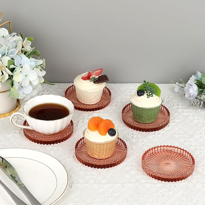 JUXYES 5 Pack Amber Tone Crystal Coasters Round Cup Mat, Glass Coasters for Drinks Coffee Tea Wine, Decorative Wine Bottle Coaster, Crystal Drink Coaster for Restaurant bar Kitchen Dining Table