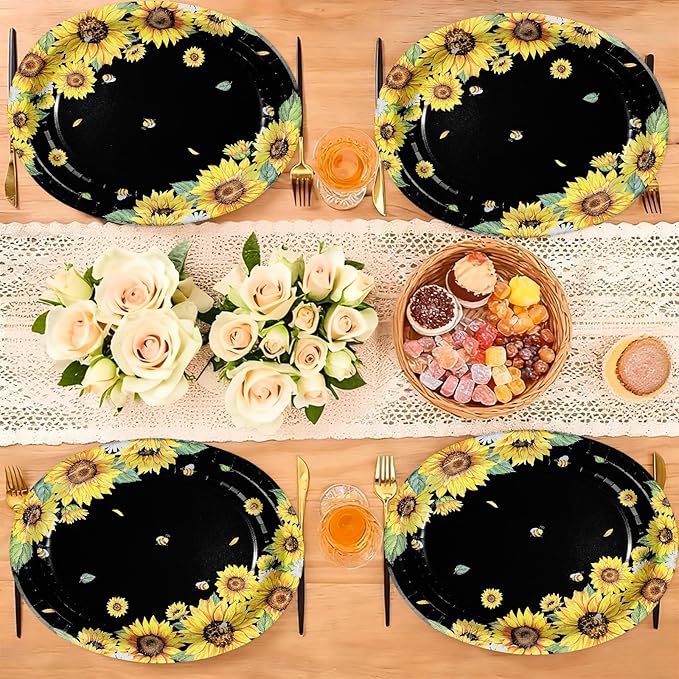 50Pcs Sunflower Bee Paper Oval Paper Plates 10" x 12" Large Disposable Heavy Duty Black Yellow Sunflower Bumble Bee Plates Dessert Platters for Spring Birthday Bridal Baby Shower Party Decorations
