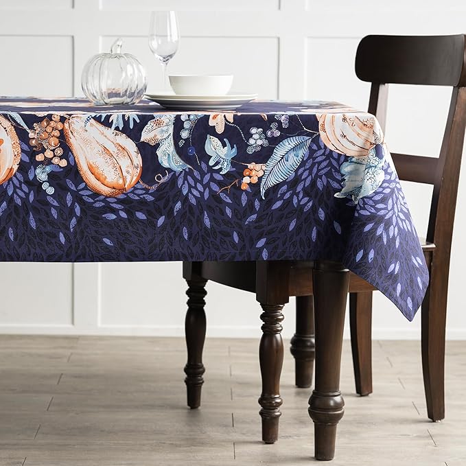Maison d' Hermine Table Cloth Square Table 100% Cotton 60 x 60 Inches Fall Tablecloth Reusable Everyday Use for Thanksgiving Christmas Decorations Dining Farmhouse Party (Pumpkin Blues)