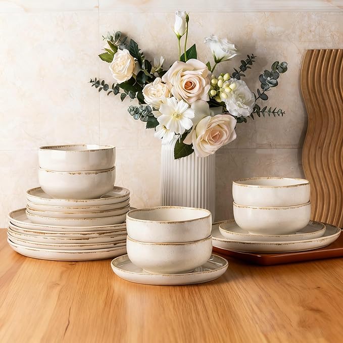 AmorArc Ceramic Dinnerware Sets, Wavy Rim Stoneware Plates and Bowls Sets, Highly Scratch Resistant | Dishwasher & Microwave Dishes set, Service for 6 (18pc)-Speckled Cappuccino