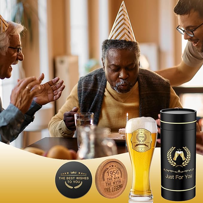 70th Birthday Beer Glasses Gifts, Personalized '1956' Vintage Glass Ware Set for Men, Black Gift Package with Drinking Glass, Coaster, and Card for 70 Years Old Man