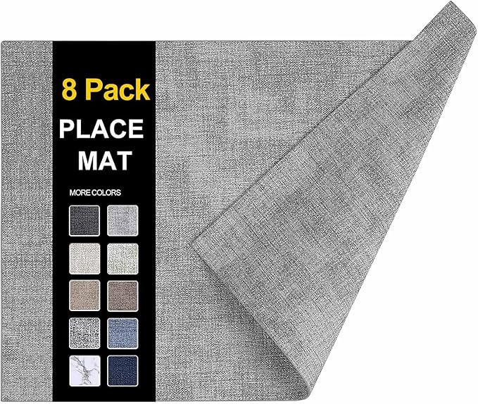 homing Faux Leather Heat Resistant Placemats 8 Packs, Waterproof Wipeable Dining PU Place Mats for Indoor & Outdoor, Easy to Clean, Light Grey