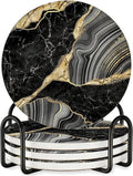 Luxury Black & Gold Marble Ceramic Coasters - Set of 4 with Black Metal Holder - Premium Round Drink Coasters for Coffee, Tea, Whiskey, Wine - Stylish Home & Kitchen Decor