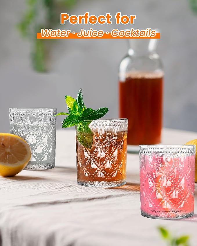 Vintage Diamond-Pattern Drinking Glasses Set of 6 – 12 oz Clear Short Glass Cups – Embossed Retro Glassware for Water, Cocktails, Whiskey, Juice – Thick Clear Glass, Dishwasher Safe